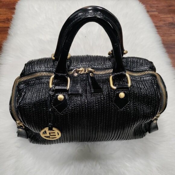 Elliott Lucca Black Patent Leather Handbag With Gold Accents Double Handle Bag - Picture 5 of 15